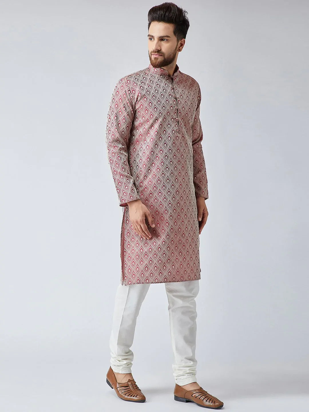 Jompers Men's Maroon & Off-White Self Design Kurta with Churidar - Distacart