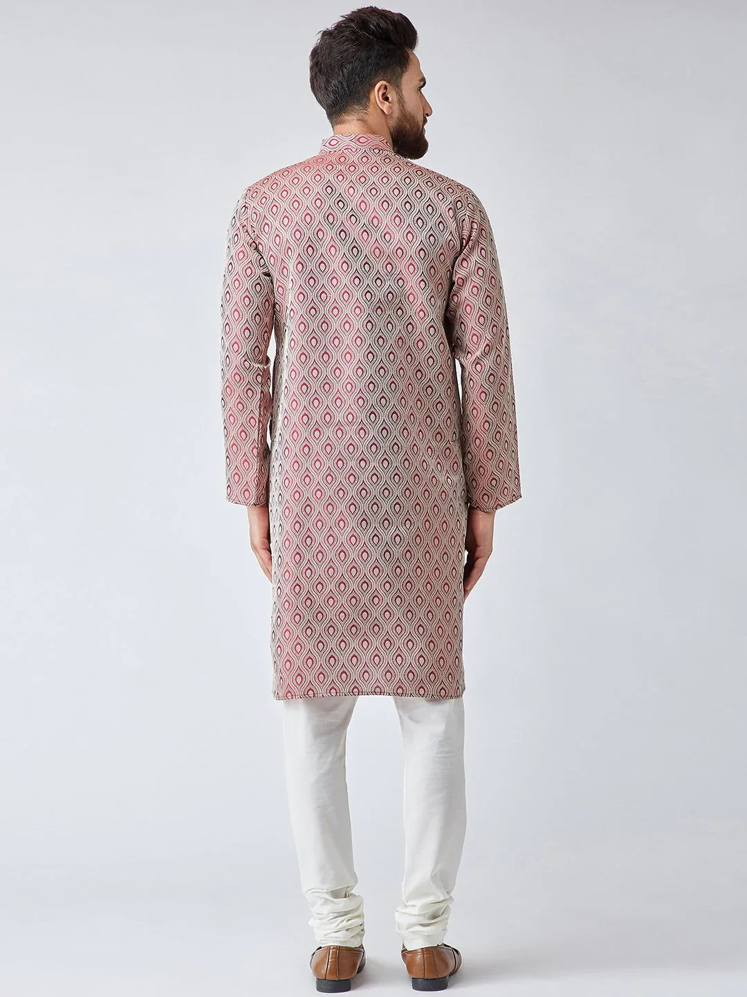 Jompers Men's Maroon & Off-White Self Design Kurta with Churidar - Distacart