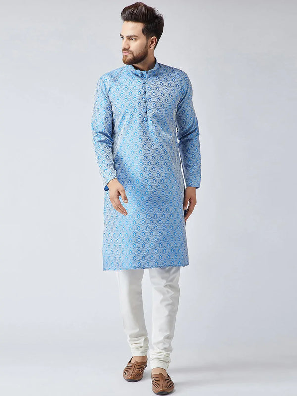 Jompers Men's Sky Blue & Off-White Self Design Kurta with Churidar - Distacart