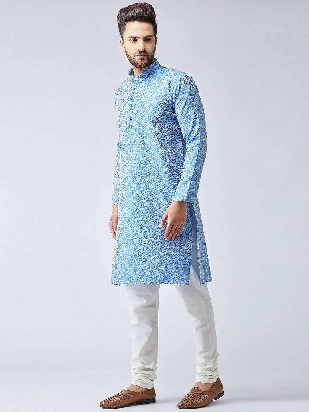 Jompers Men's Sky Blue & Off-White Self Design Kurta with Churidar - Distacart