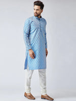 Thumbnail for Jompers Men's Sky Blue & Off-White Self Design Kurta with Churidar - Distacart