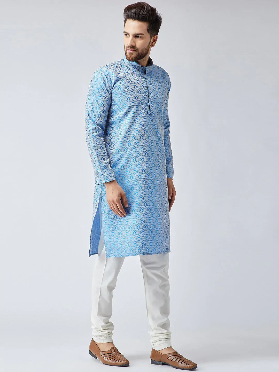 Jompers Men's Sky Blue & Off-White Self Design Kurta Only - Distacart