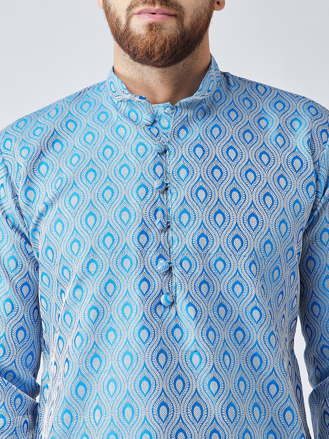 Jompers Men's Sky Blue & Off-White Self Design Kurta with Churidar - Distacart