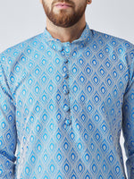Thumbnail for Jompers Men's Sky Blue & Off-White Self Design Kurta with Churidar - Distacart