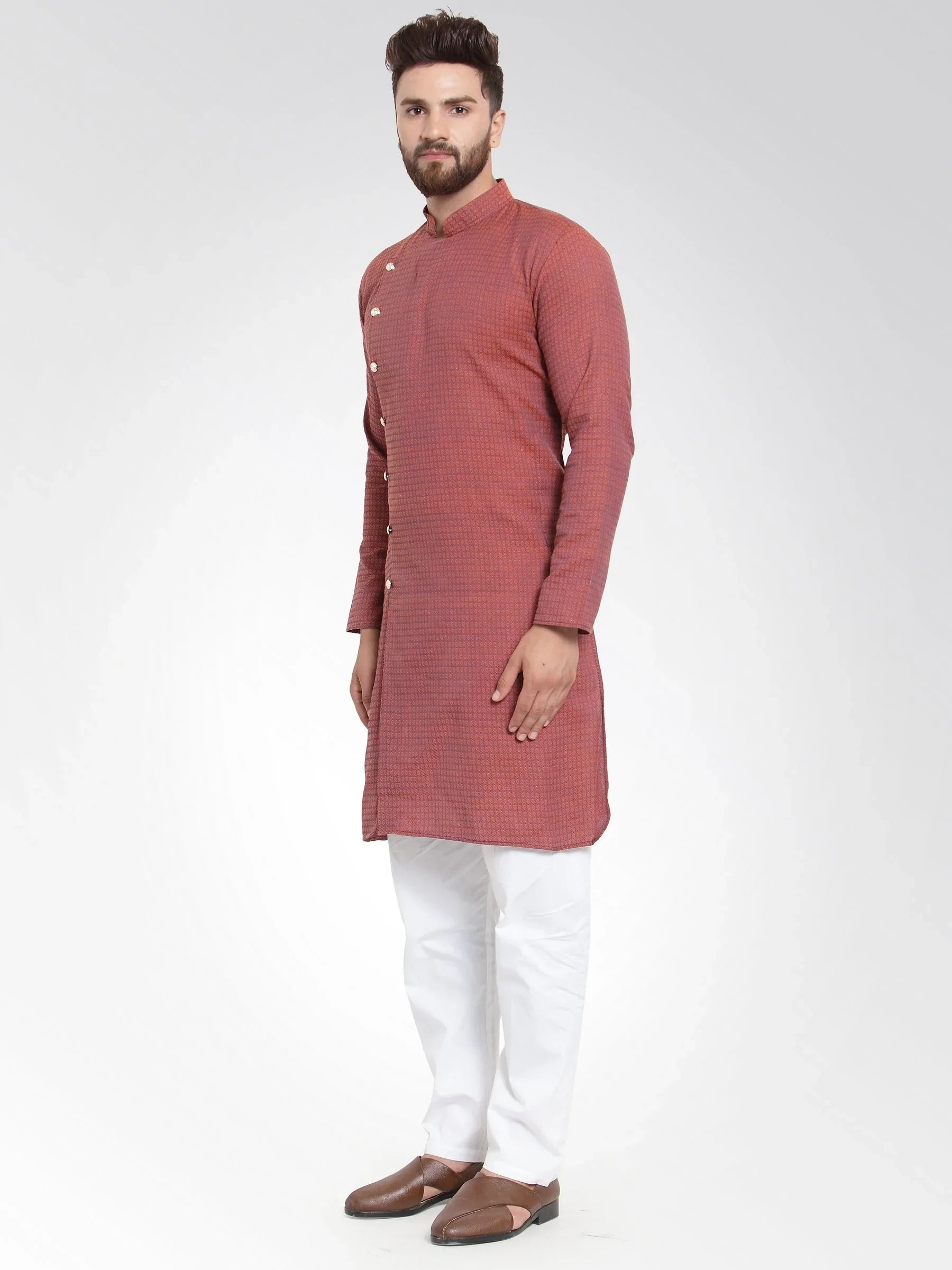 Jompers Men's Red Self Design Kurta with Pajama - Distacart