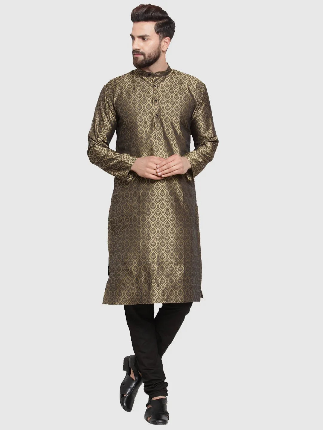 Jompers Men's Gold-Colored & Black Self Design Kurta with Churidar - Distacart