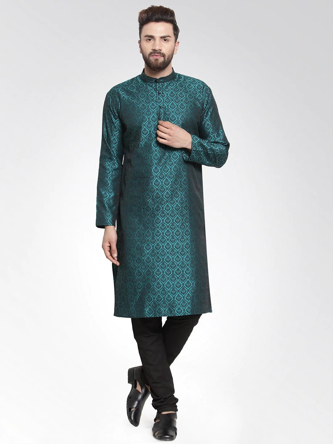 Jompers Men's Green-Colored & Black Self Design Kurta with Churidar - Distacart