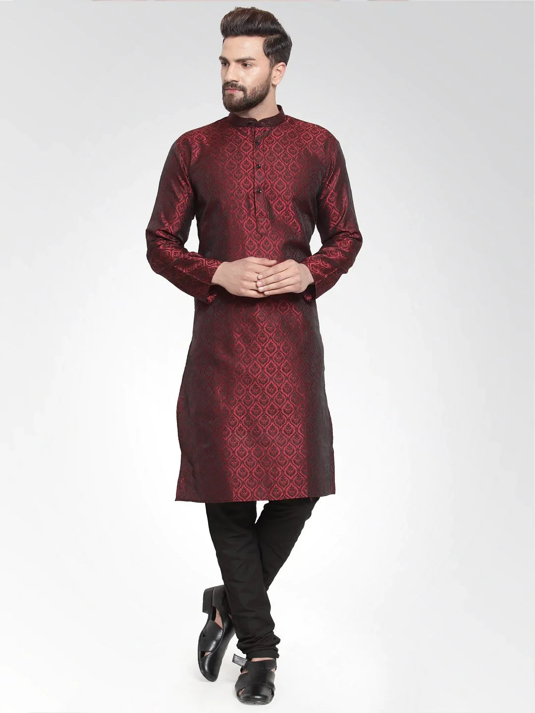 Jompers Men's Maroon-Colored & Black Self Design Kurta with Churidar - Distacart