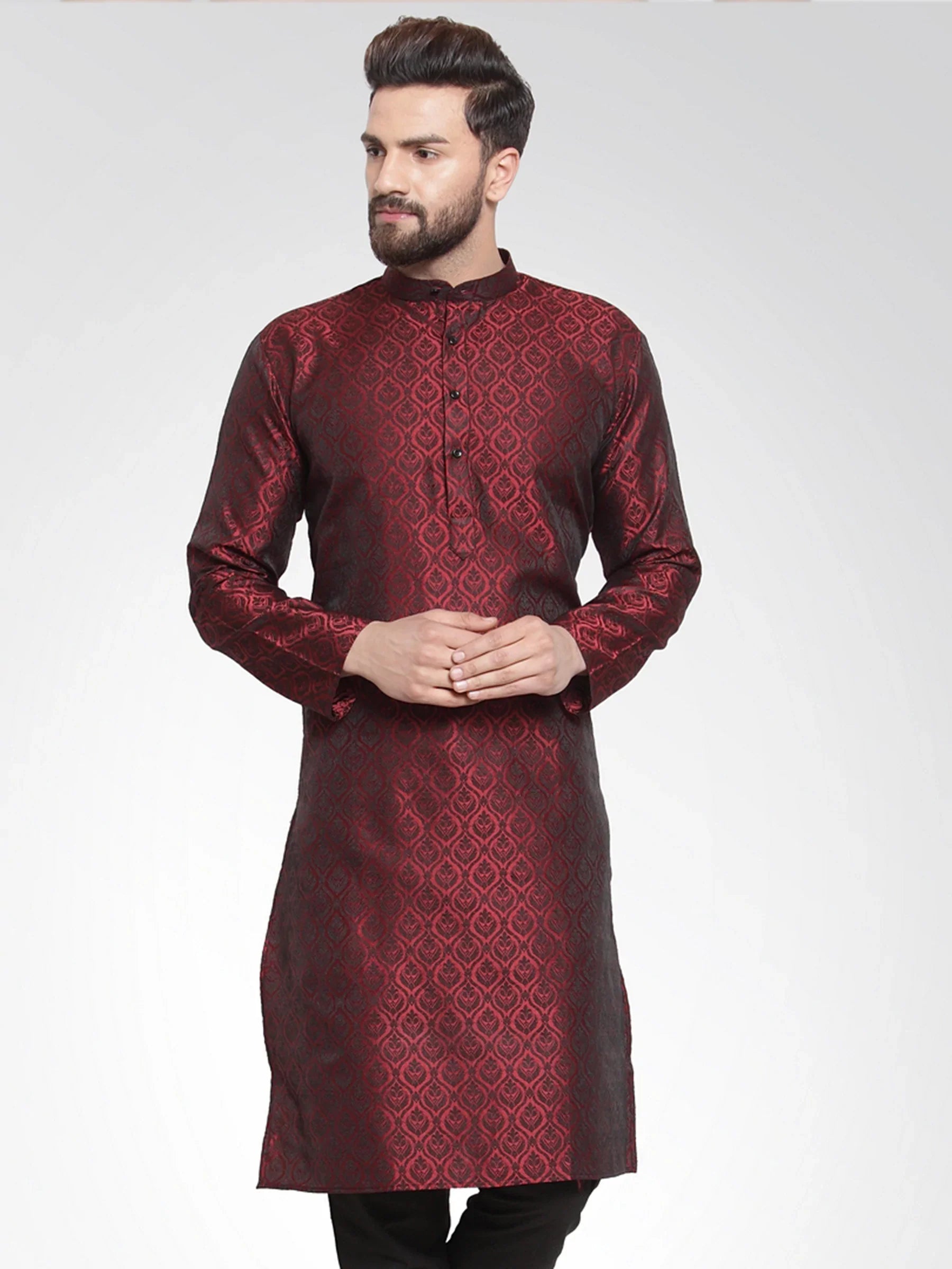 Jompers Men's Maroon-Colored & Black Self Design Kurta Only - Distacart