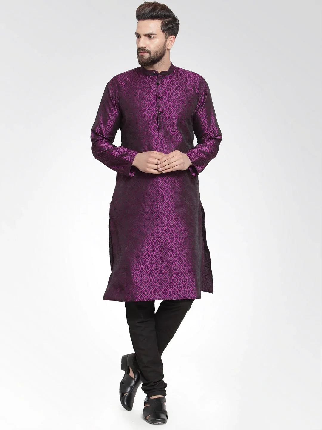 Jompers Men's Purple-Colored & Black Self Design Kurta with Churidar - Distacart
