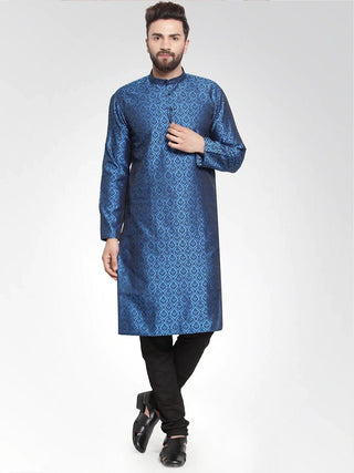 Jompers Men's Royal-Blue Colored & Black Self Design Kurta with Churidar - Distacart