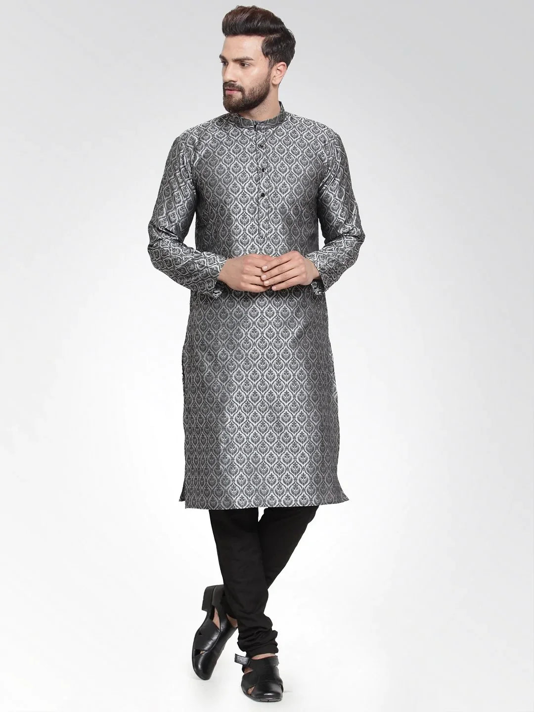 Jompers Men's Silver-Colored & Black Self Design Kurta with Churidar - Distacart
