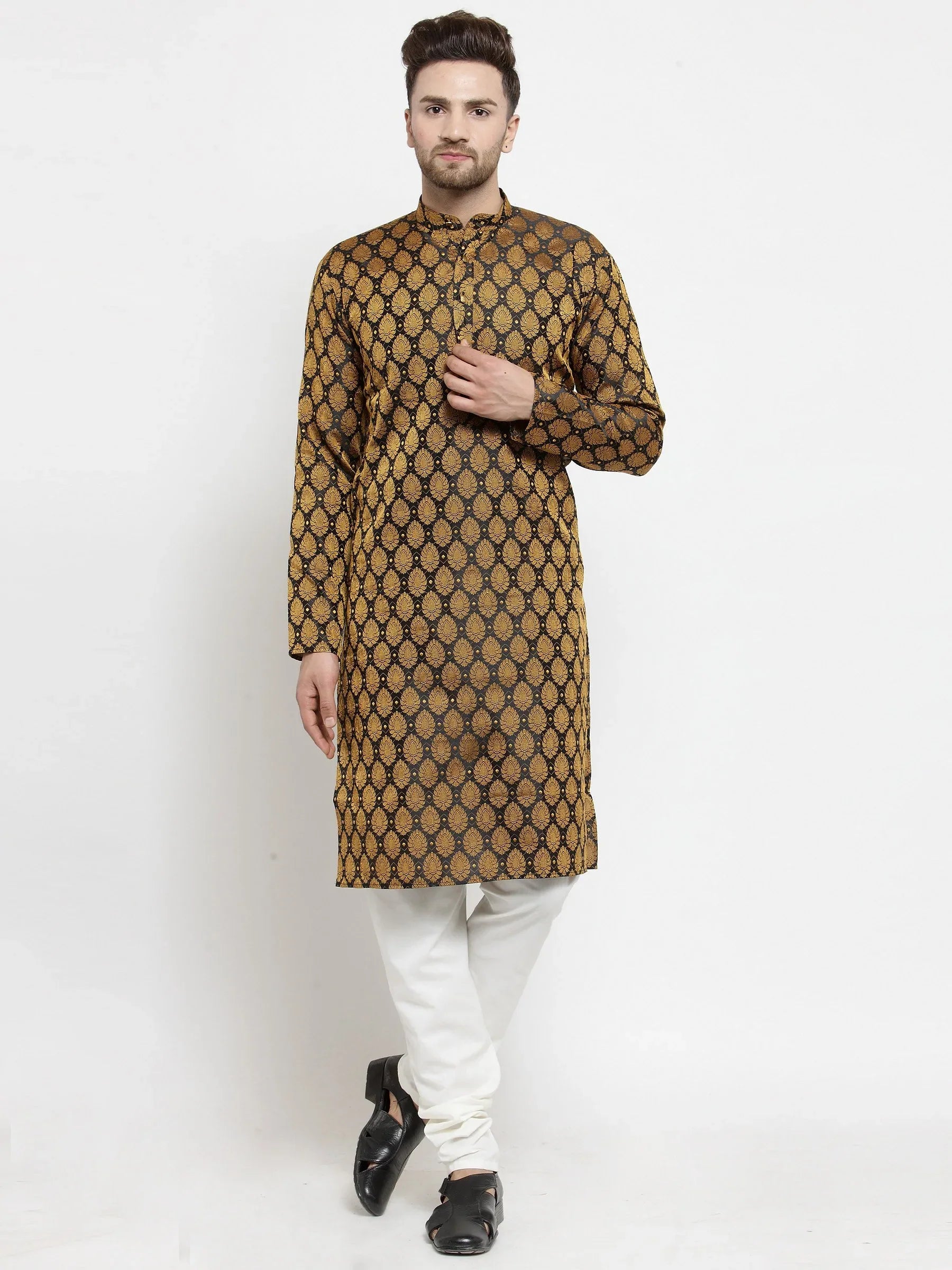 Jompers Men's Black-Colored & Golden Self Design Kurta with Churidar - Distacart