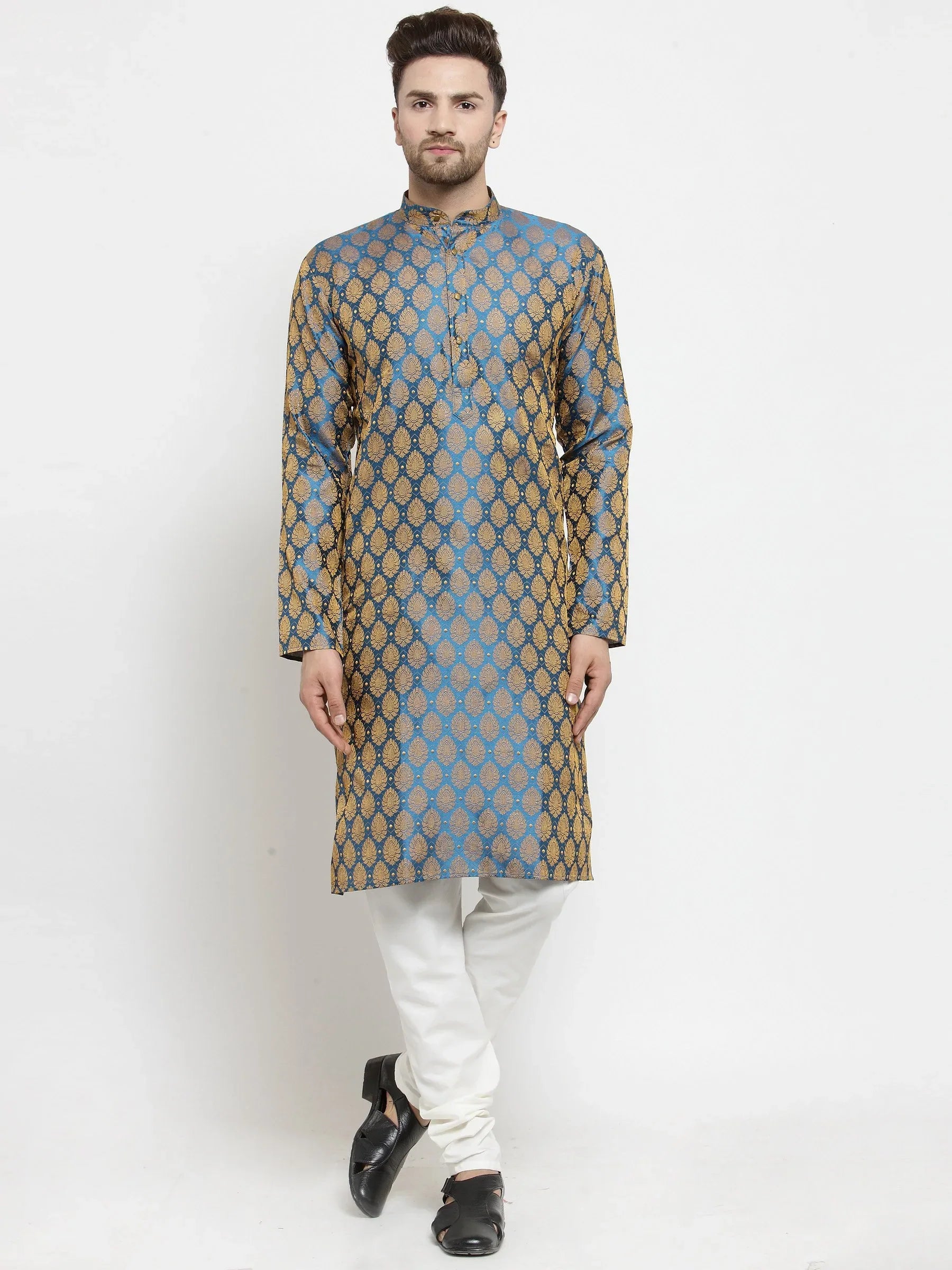 Jompers Men's Blue-Colored & Golden Self Design Kurta with Churidar - Distacart