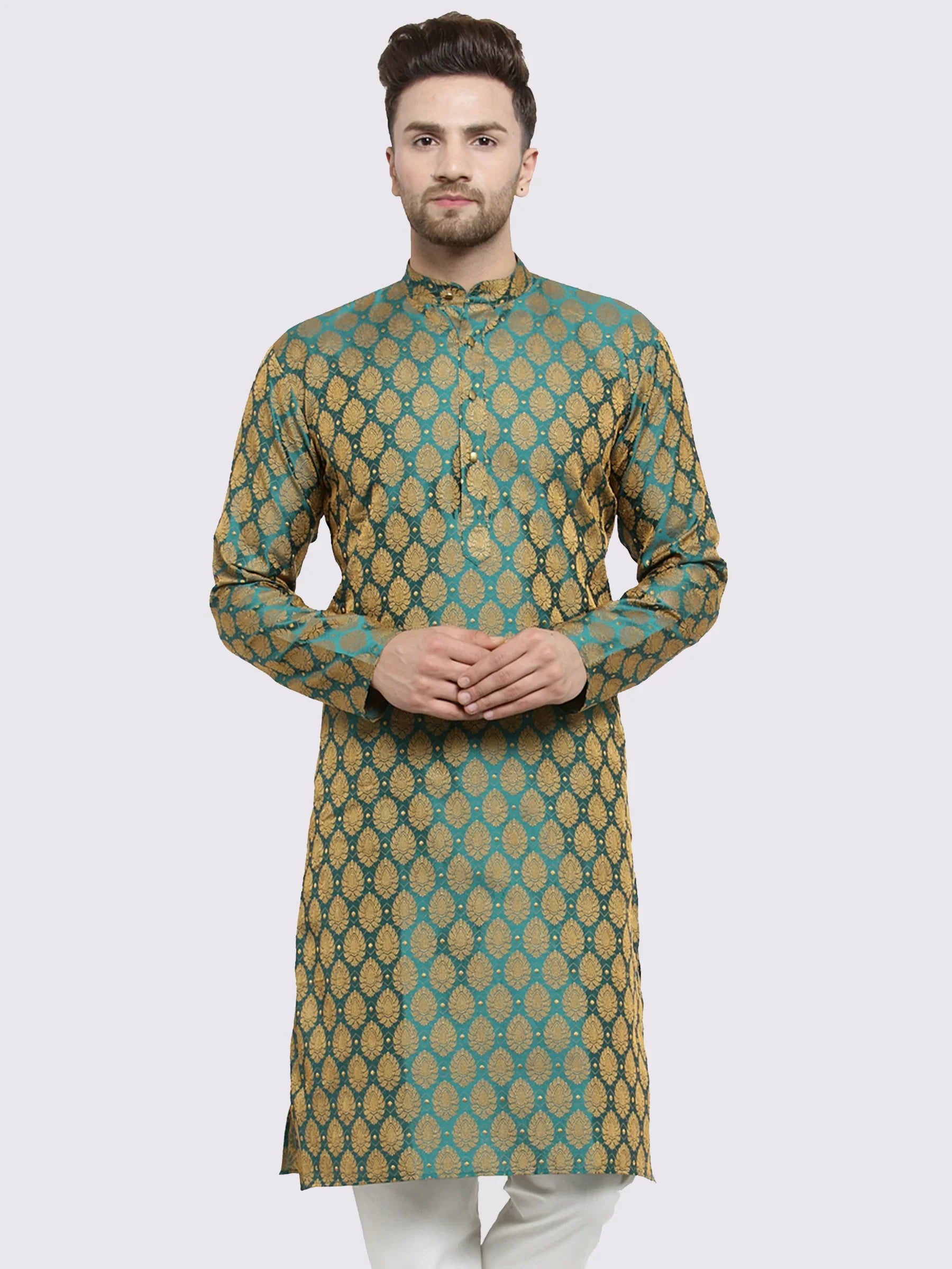 Jompers Men's Green-Colored & Golden Self Design Kurta Only - Distacart