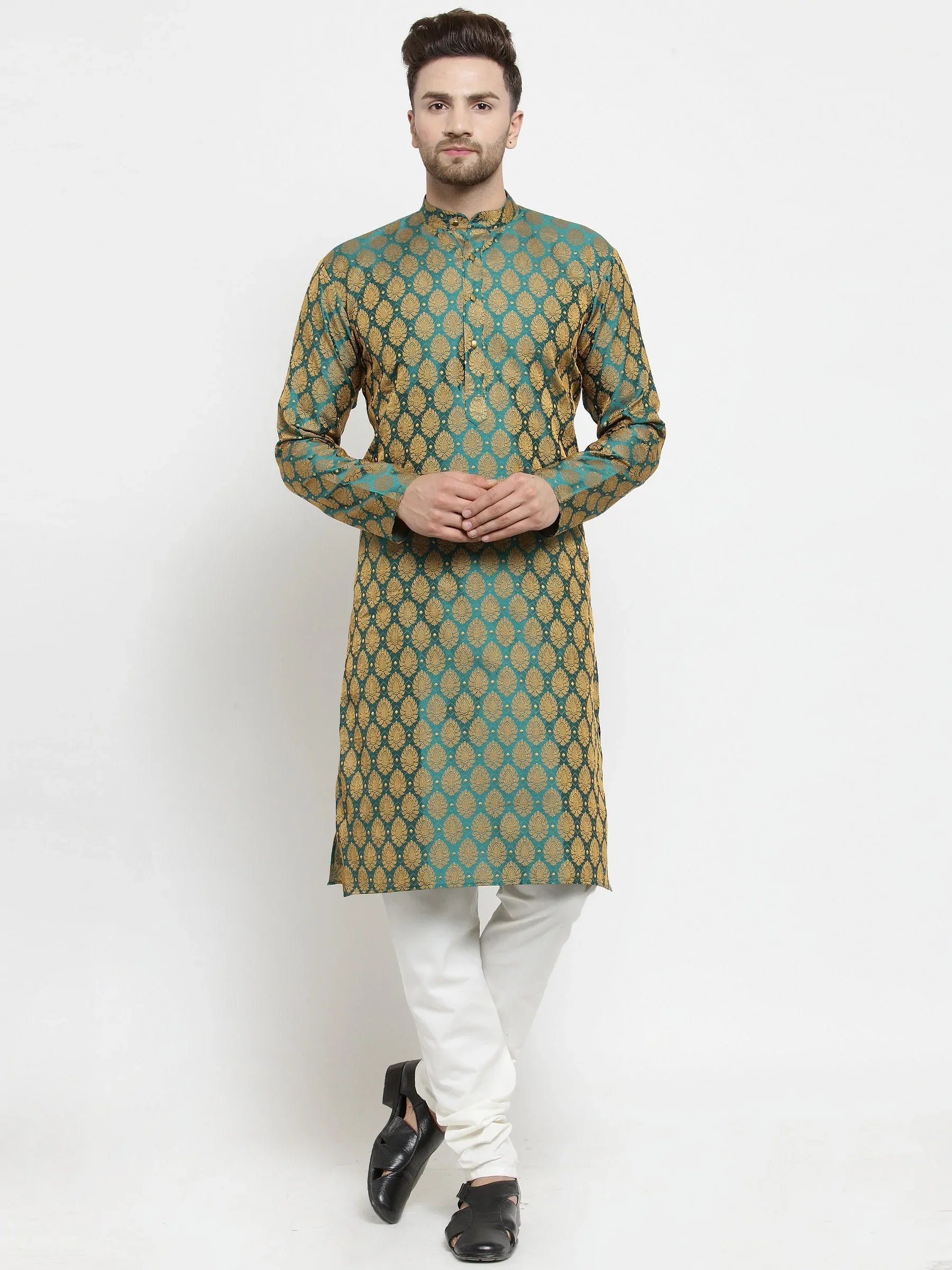 Jompers Men's Green-Colored & Golden Self Design Kurta with Churidar - Distacart