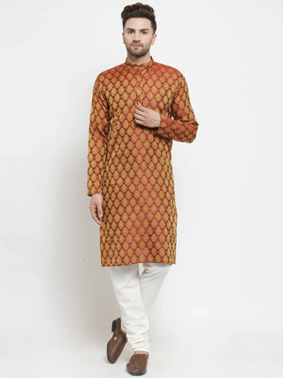 Jompers Men's Maroon-Colored & Golden Self Design Kurta with Churidar - Distacart