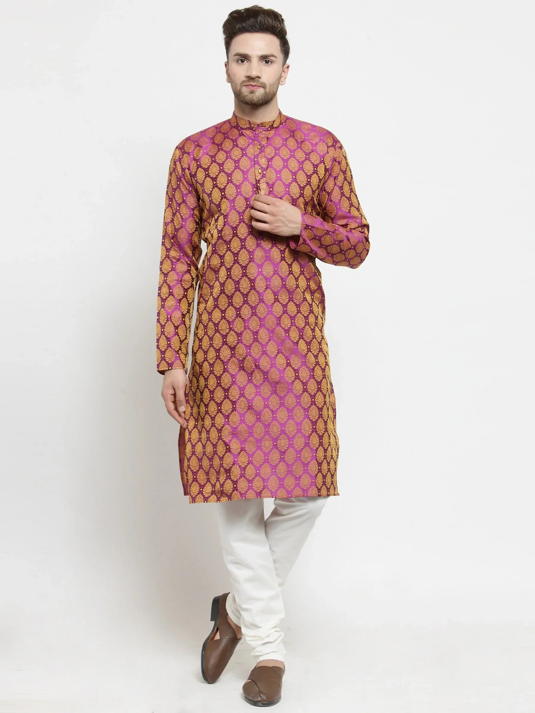 Jompers Men's Pink-Colored & Golden Self Design Kurta with Churidar - Distacart