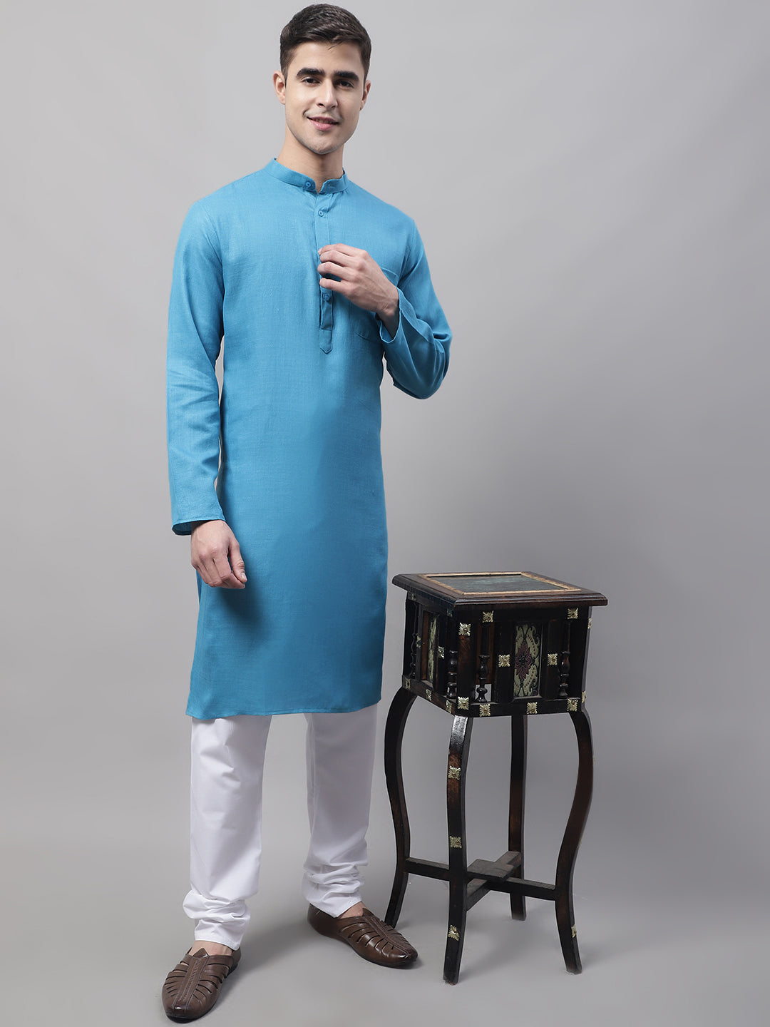 Jompers Men's Cotton Solid Kurta Payjama Sets - Teal - Distacart