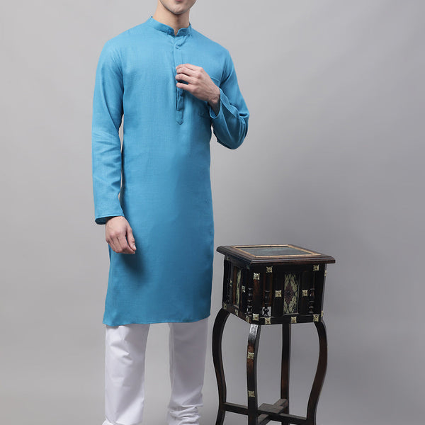 Jompers Men's Cotton Solid Kurta Payjama Sets - Teal - Distacart