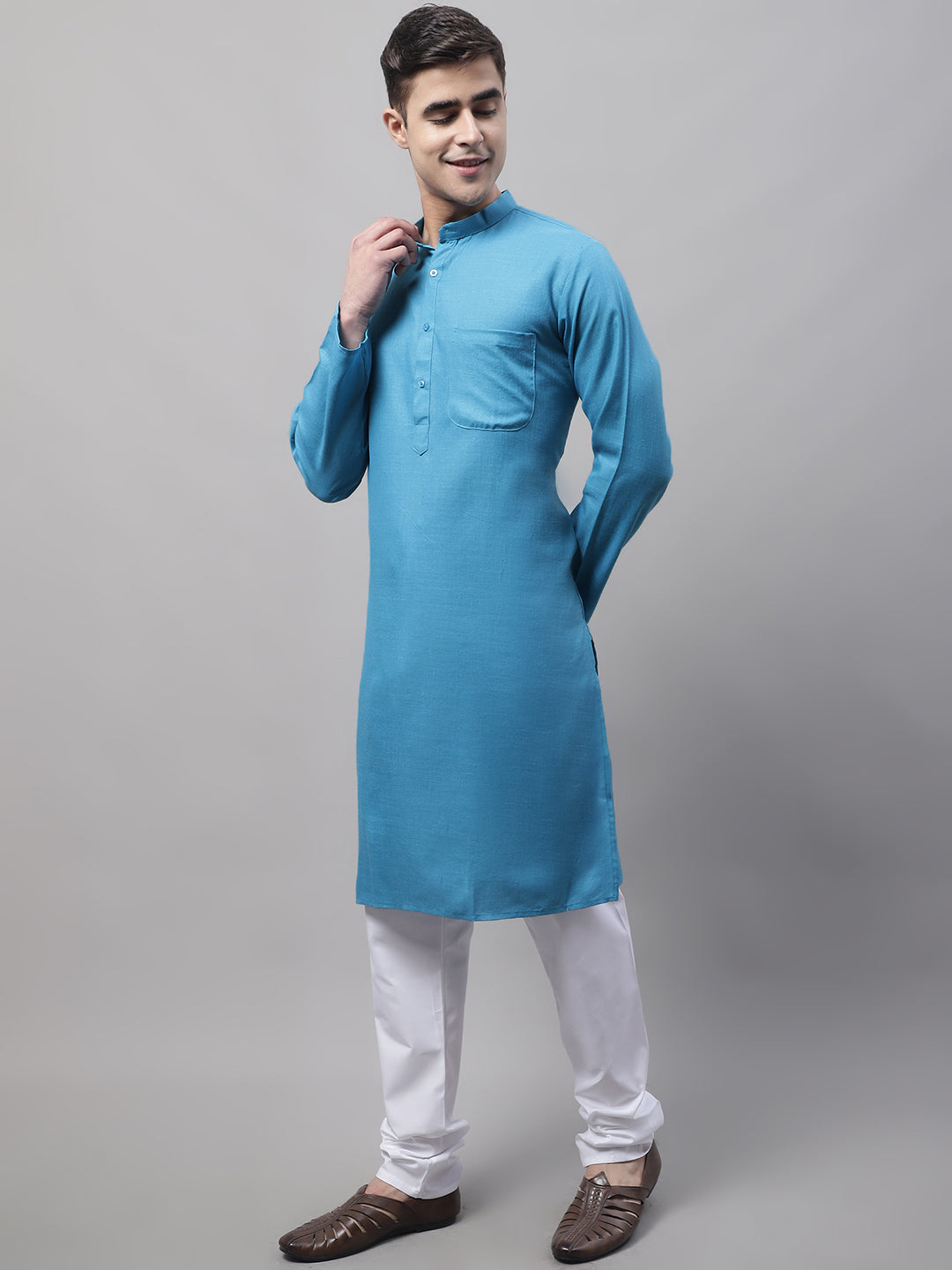 Jompers Men's Cotton Solid Kurta Payjama Sets - Teal - Distacart