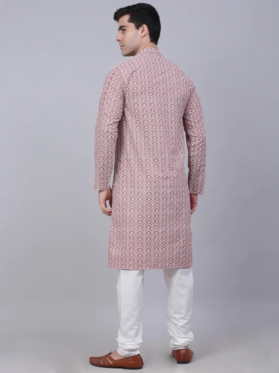 Jompers Men's Coral Red & White Embroidered Straight Kurta Pyjama Set - Distacart
