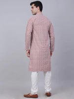 Thumbnail for Jompers Men's Coral Red & White Embroidered Straight Kurta Pyjama Set - Distacart