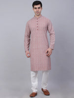 Thumbnail for Jompers Men's Coral Red & White Embroidered Straight Kurta Pyjama Set - Distacart