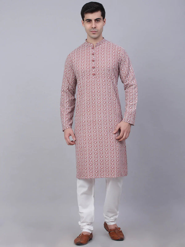 Jompers Men's Coral Red & White Embroidered Straight Kurta Pyjama Set - Distacart