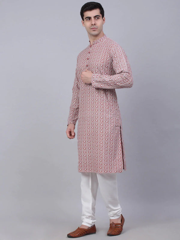 Jompers Men's Coral Red & White Embroidered Straight Kurta Pyjama Set - Distacart