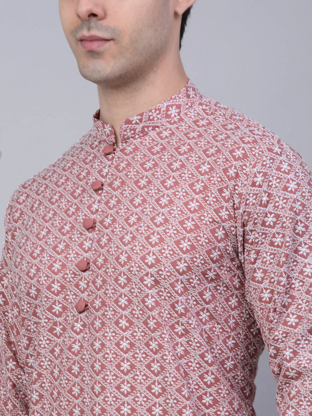 Jompers Men's Coral Red & White Embroidered Straight Kurta Pyjama Set - Distacart