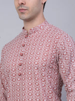 Thumbnail for Jompers Men's Coral Red & White Embroidered Straight Kurta Pyjama Set - Distacart
