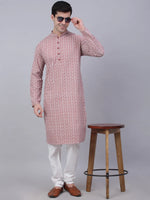 Thumbnail for Jompers Men's Coral Red & White Embroidered Straight Kurta Pyjama Set - Distacart