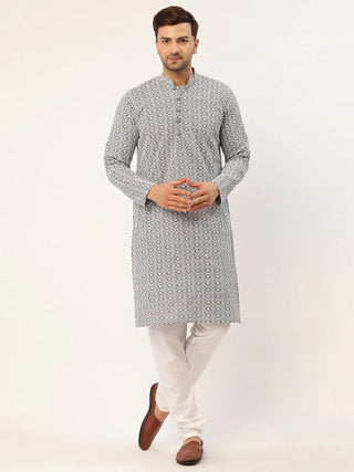 Jompers Men's Grey & White Embroidered Straight Kurta Pyjama Set - Distacart