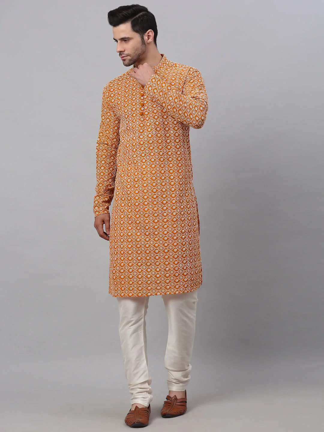 Jompers Men's Mustard & White Embroidered Straight Kurta Pyjama Set - Distacart