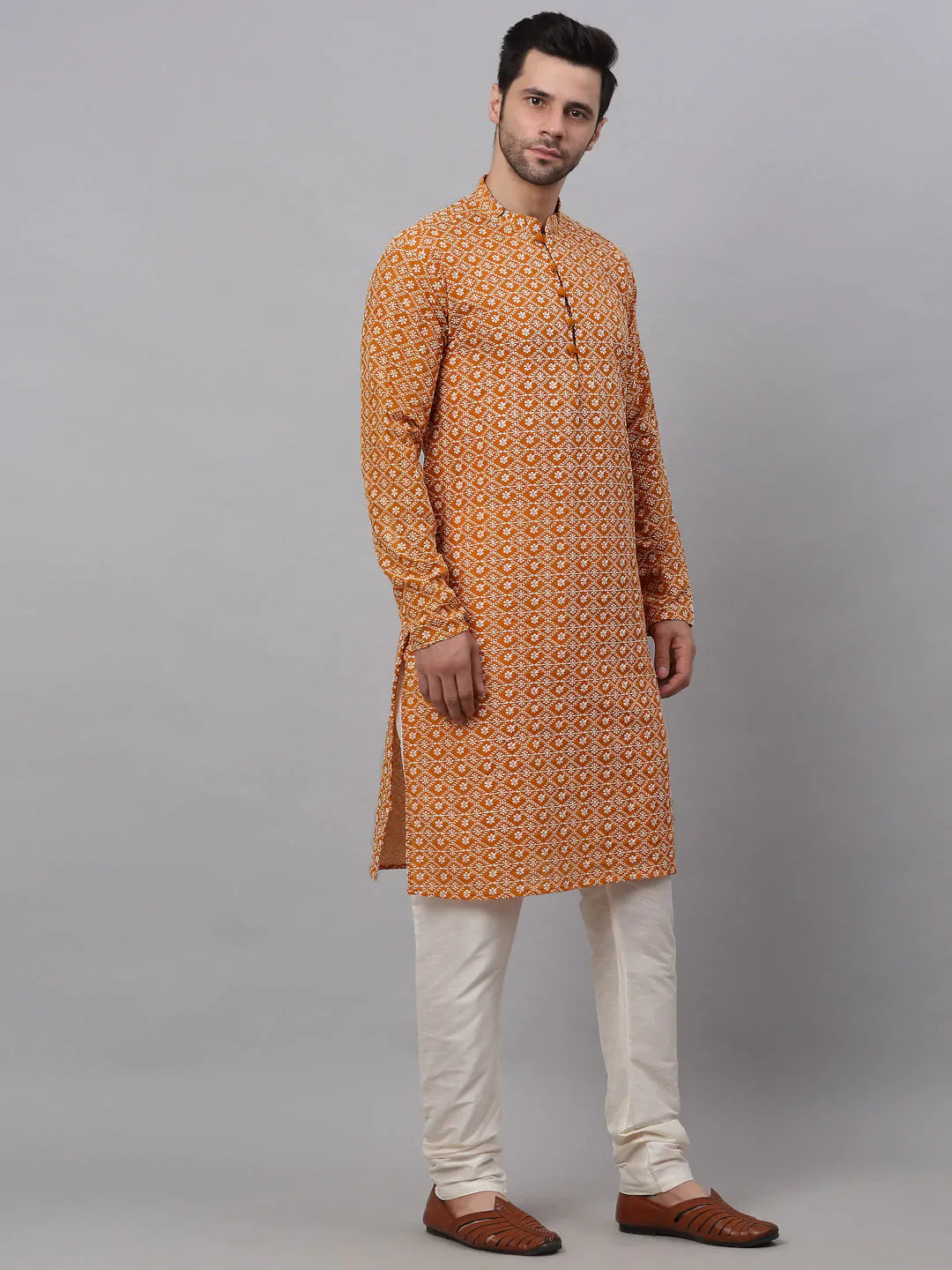 Jompers Men's Mustard & White Embroidered Straight Kurta Pyjama Set - Distacart
