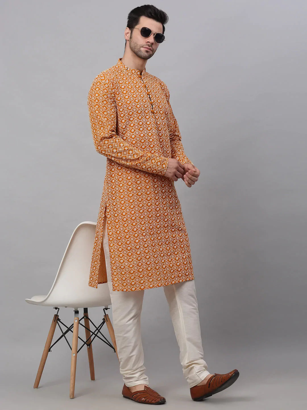 Jompers Men's Mustard & White Embroidered Straight Kurta Pyjama Set - Distacart