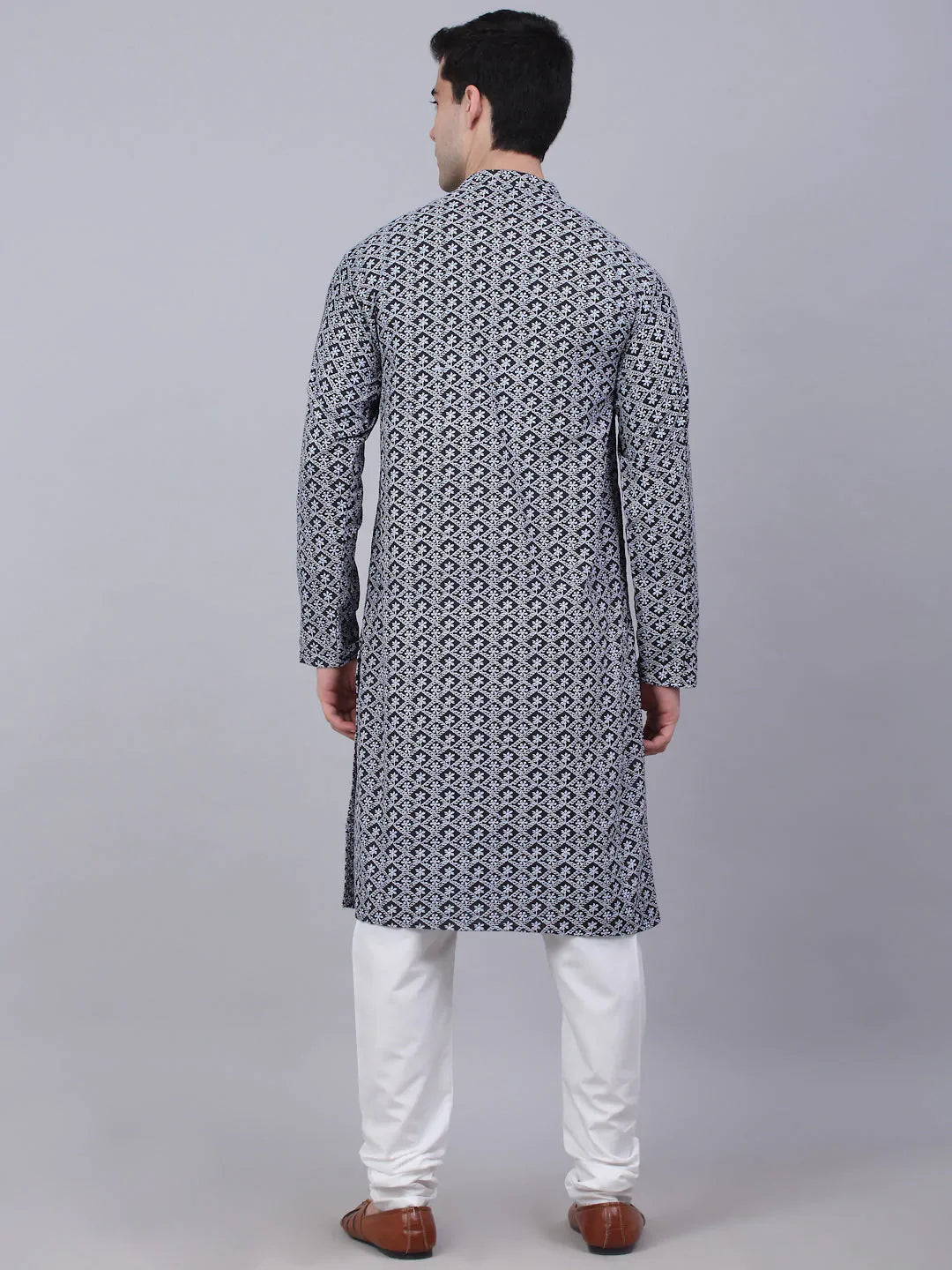 Jompers Men's Navy Blue & White embroidered Straight Kurta Pyjama Set - Distacart