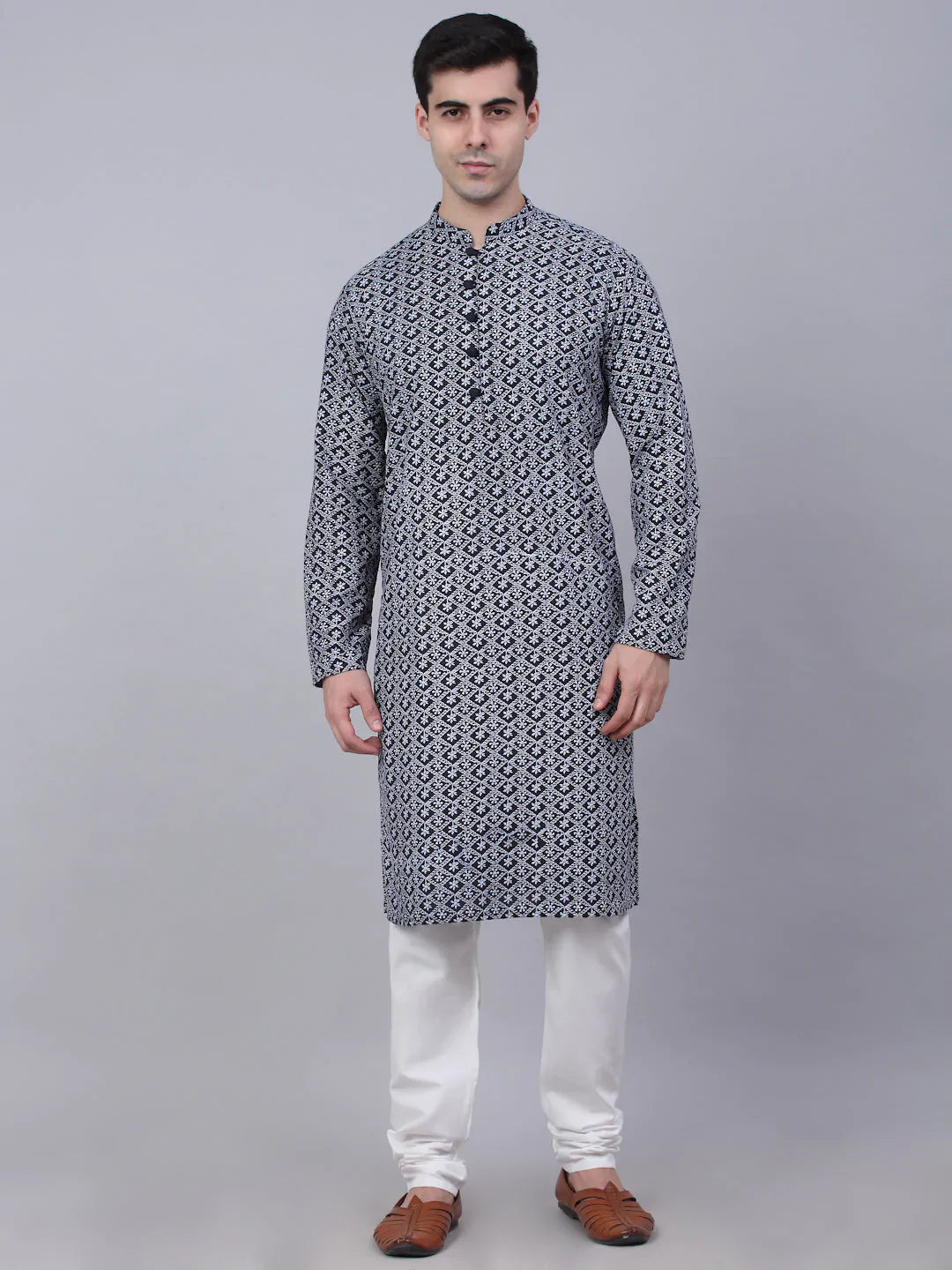 Jompers Men's Navy Blue & White embroidered Straight Kurta Pyjama Set - Distacart