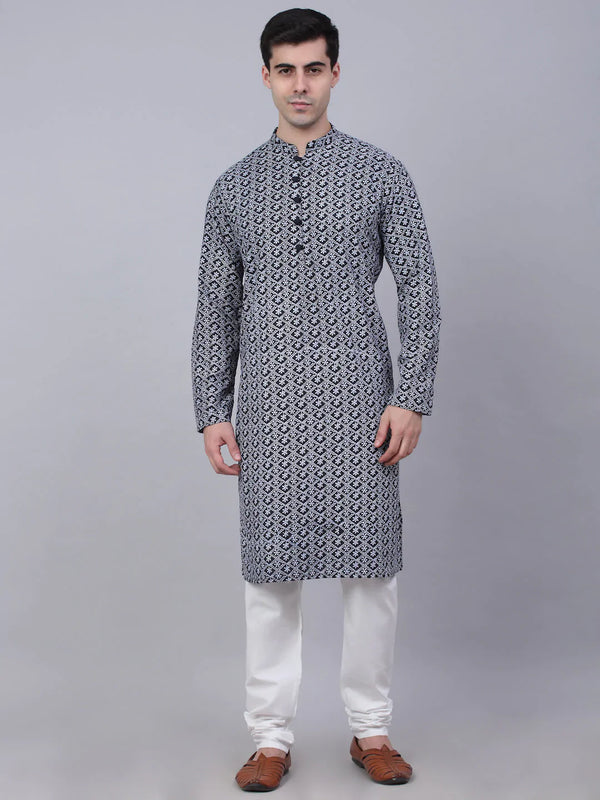 Jompers Men's Navy Blue & White embroidered Straight Kurta Pyjama Set - Distacart