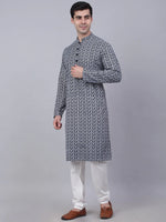 Thumbnail for Jompers Men's Navy Blue & White embroidered Straight Kurta Pyjama Set - Distacart