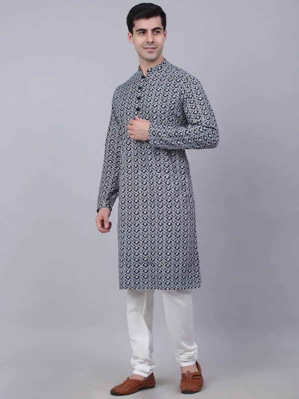 Jompers Men's Navy Blue & White embroidered Straight Kurta Pyjama Set - Distacart