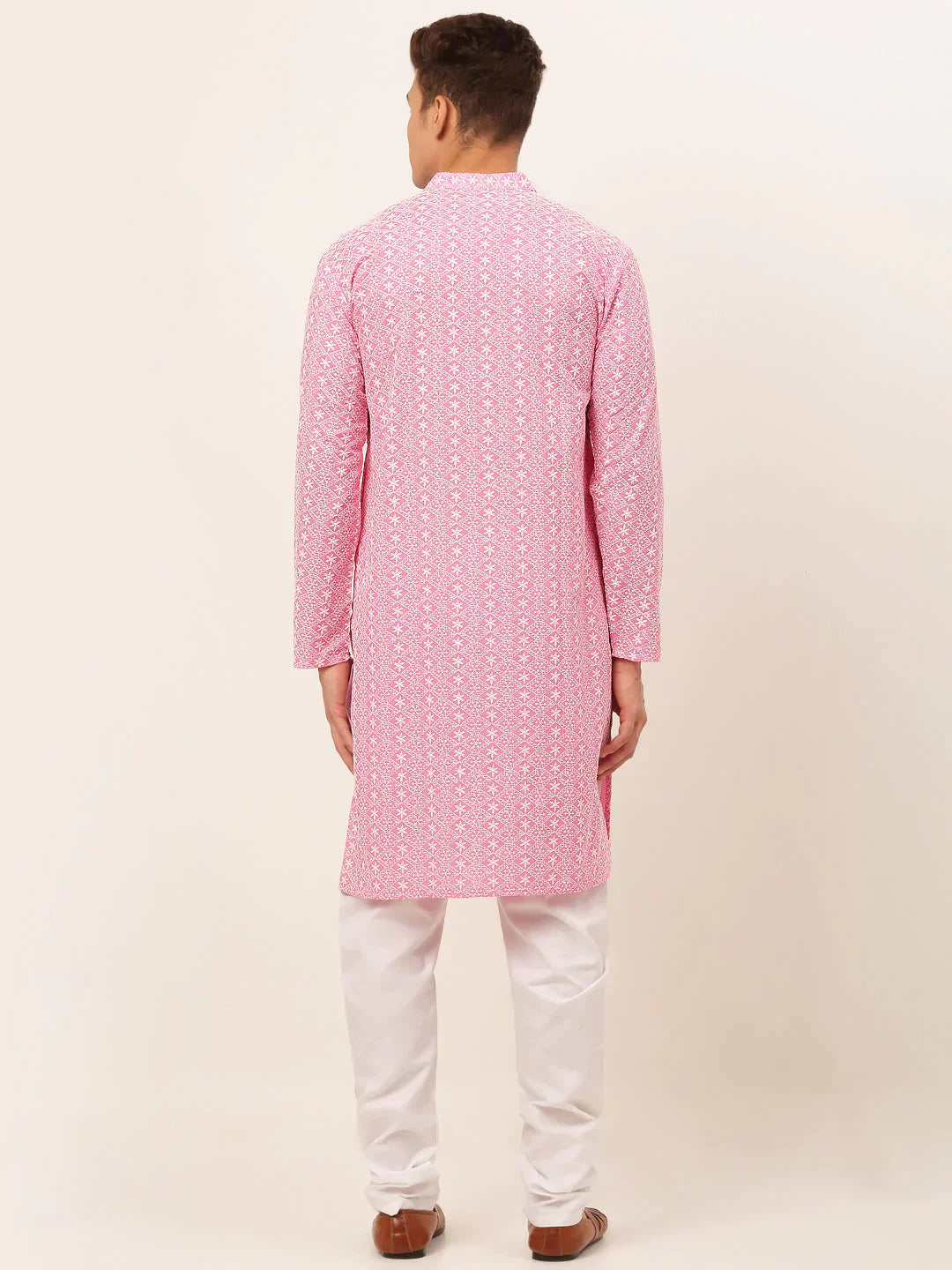 Jompers Men's Pink & White Embroidered Straight Kurta Pyjama Set - Distacart
