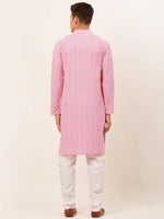 Thumbnail for Jompers Men's Pink & White Embroidered Straight Kurta Pyjama Set - Distacart