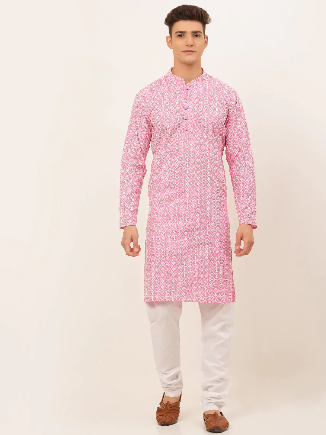 Jompers Men's Pink & White Embroidered Straight Kurta Pyjama Set - Distacart