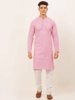Thumbnail for Jompers Men's Pink & White Embroidered Straight Kurta Pyjama Set - Distacart