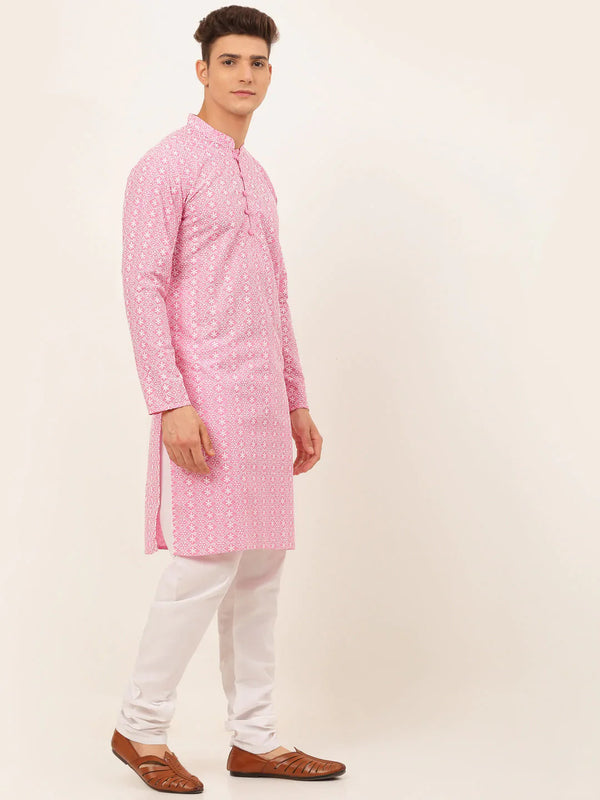Jompers Men's Pink & White Embroidered Straight Kurta Pyjama Set - Distacart
