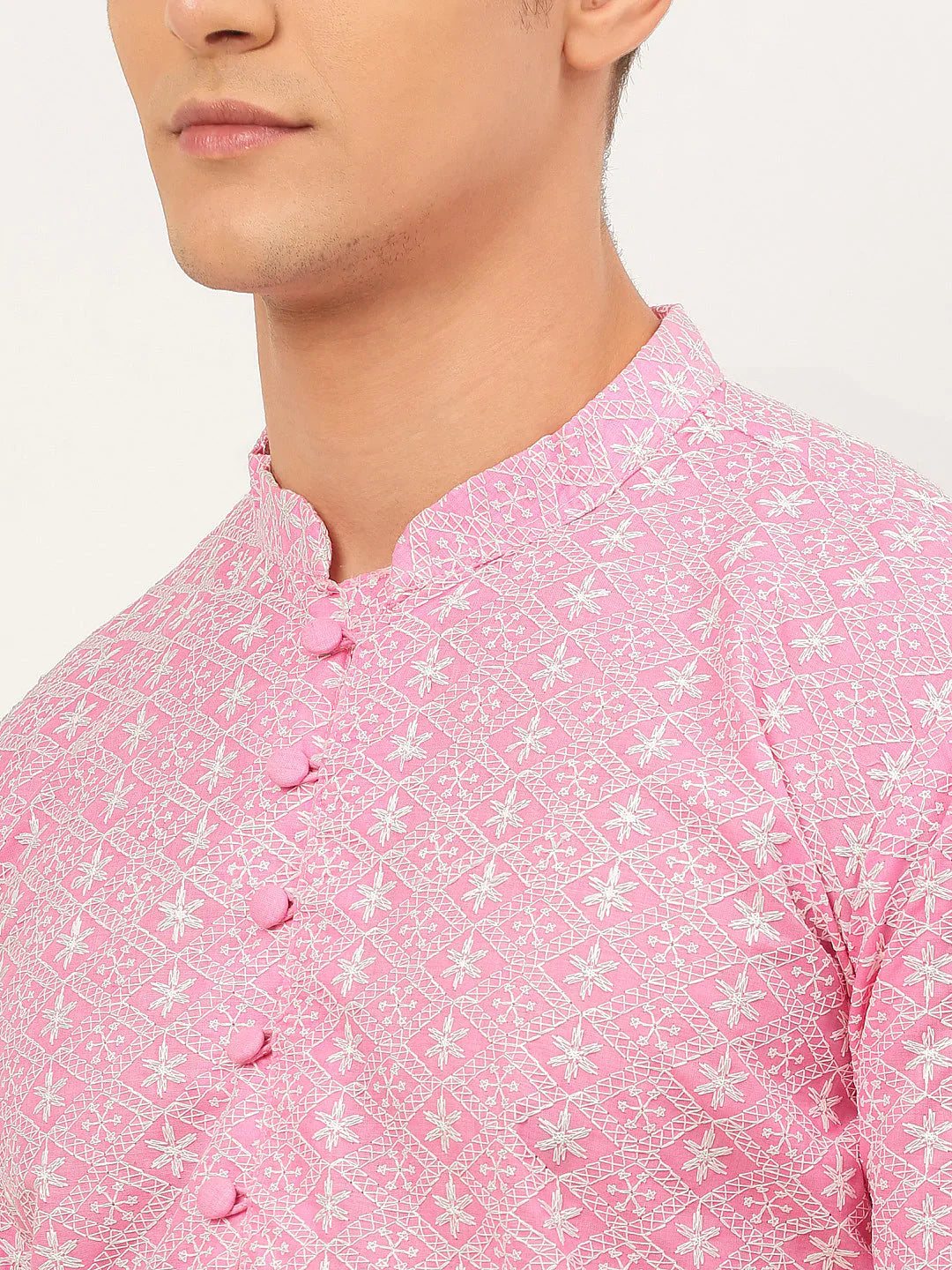 Jompers Men's Pink & White Embroidered Straight Kurta Pyjama Set - Distacart