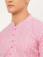 Thumbnail for Jompers Men's Pink & White Embroidered Straight Kurta Pyjama Set - Distacart