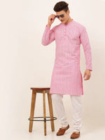 Thumbnail for Jompers Men's Pink & White Embroidered Straight Kurta Pyjama Set - Distacart